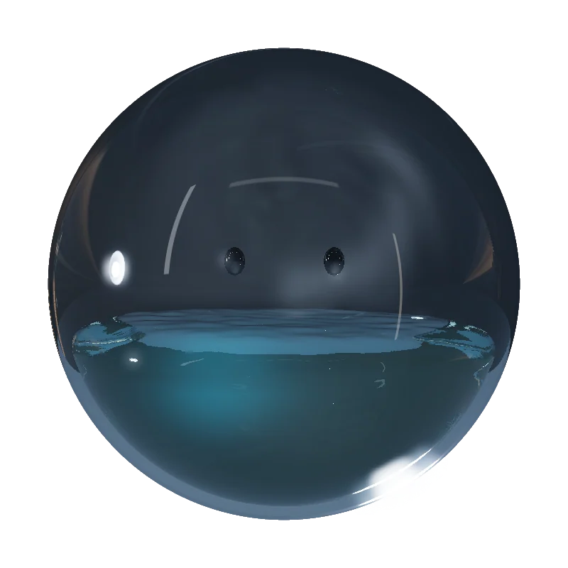 Wanigan: a clear glass globe, half full of blue water, with two dark eyes.