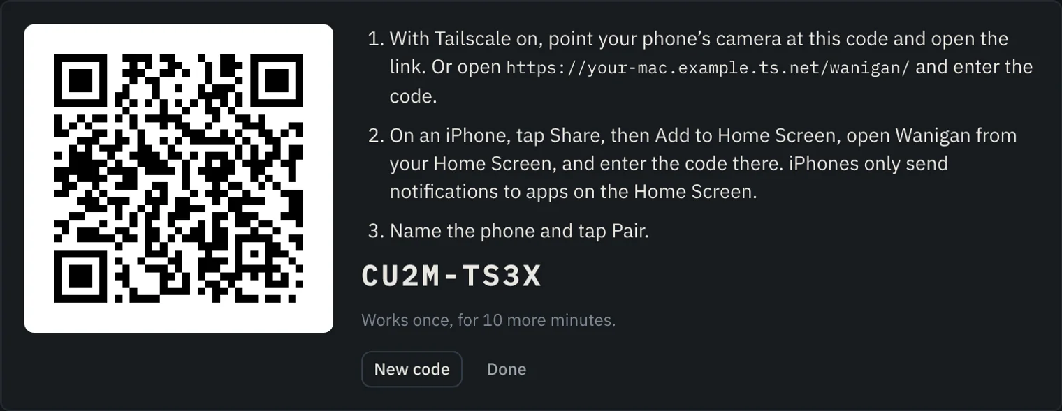 The pairing panel in Wanigan’s settings on the Mac: a QR code, three steps, and the one-time code.