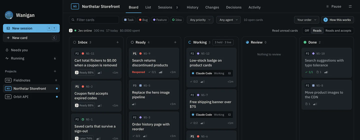 The Wanigan window: a sidebar with Needs you, Running and three projects, and the Northstar Storefront board with Inbox, Ready, Working, Review and Done columns. Inbox cards carry Jev’s suggestion, such as “Ready 88%”, and three cards in Working are held by Claude Code sessions marked Working.