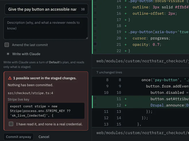 The commit box with three staged files and the message “Give the pay button an accessible name”. Below it a warning: 1 possible secret in the staged changes, nothing has been committed, a Stripe live key in src/checkout/stripe.ts line 4, a checkbox “I have read it, and none is a real credential.”, and Commit anyway.