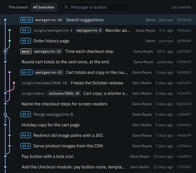 The Changes view’s Commits tab for Northstar Storefront: a graph of branches beside 16 commits, several tagged with card keys such as NS-10 and NS-3 and branch names such as wanigan/ns-10. A banner says two Claude Code sessions are working in the project folder, so switching, merging, pulling, stashing and discarding wait until they stop. On the right, the selected commit “Search suggestions”, not pushed yet.