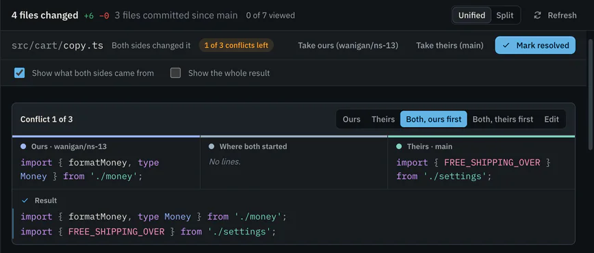 Conflict 1 of 3 in src/cart/copy.ts, where both sides changed it: Ours, Where both started and Theirs side by side, the choice “Both, ours first”, and its result below. Above, buttons take ours or theirs for the whole file, or mark it resolved.