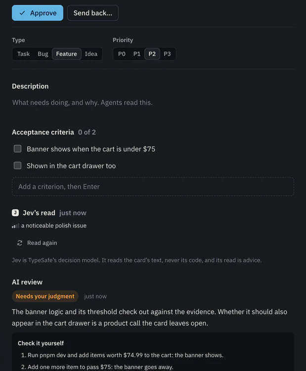 The card “Free shipping banner over $75” in Review, with Approve and Send back buttons, two acceptance criteria, Jev’s read, and an AI review marked “Needs your judgment” with steps to check it yourself.